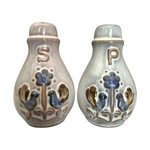 Vintage Set of 2 Salt and Pepper Shakers Folk Art with Birds Flowers
